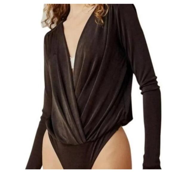 NWOT Free People | Chocolate Brown Deep V-Neck Turnt Thong Bodysuit | Size S - Picture 2 of 10